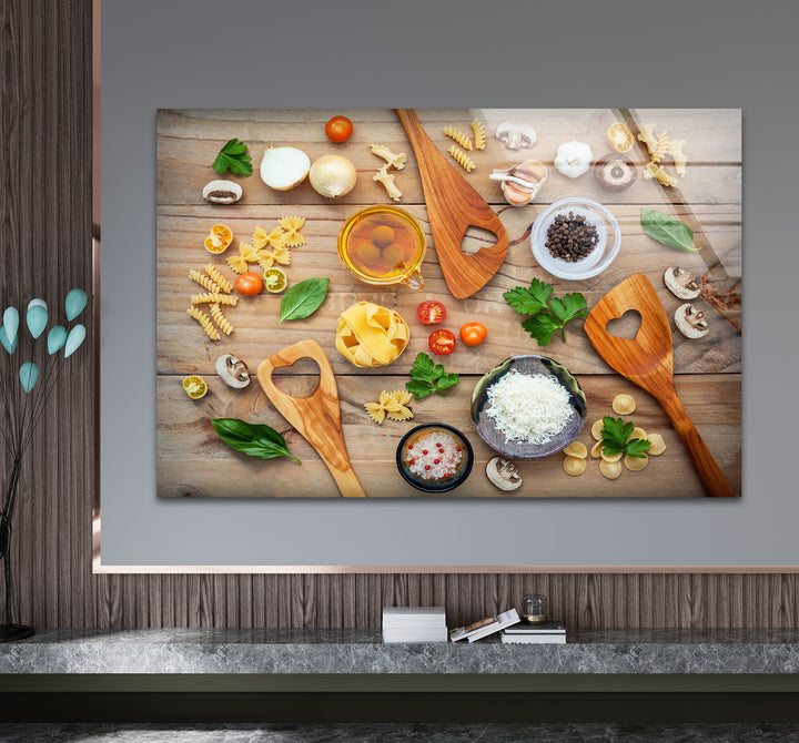 Rustic Italian Kitchen Wall Art – Culinary Glass Print Featuring Pasta, Spices & Wooden Utensils