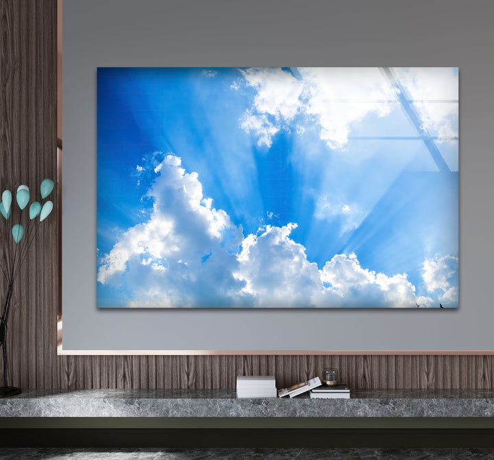 Heavenly Sky Light Rays Wall Art – Blue Cloudscape Glass Print for Uplifting Decor