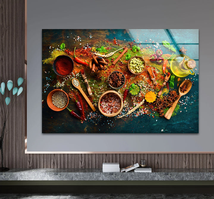 Brightest is the reflected light on the glass of this colorful spices and herbs still life, a captivating glass wall art decor for rustic kitchen style.