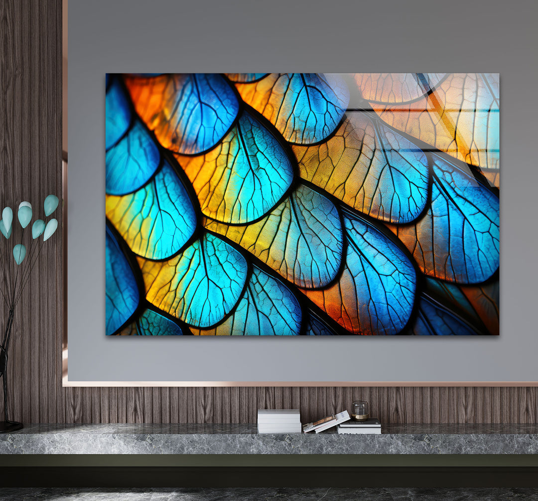 Blue Gold Leaf Texture Wall Art – Abstract Nature Pattern Glass Print