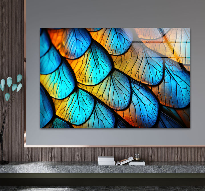 Blue Gold Leaf Texture Wall Art – Abstract Nature Pattern Glass Print