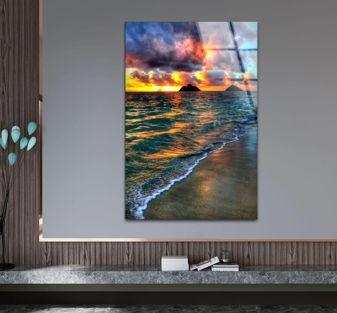 Tropical Sunset Beach Scene – Ocean Wave Glass Wall Art with Island Silhouette - MyPhotoStation