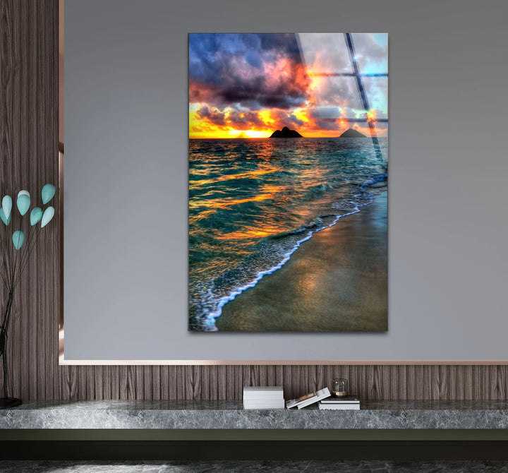 Tropical Sunset Beach Scene – Ocean Wave Glass Wall Art with Island Silhouette - MyPhotoStation