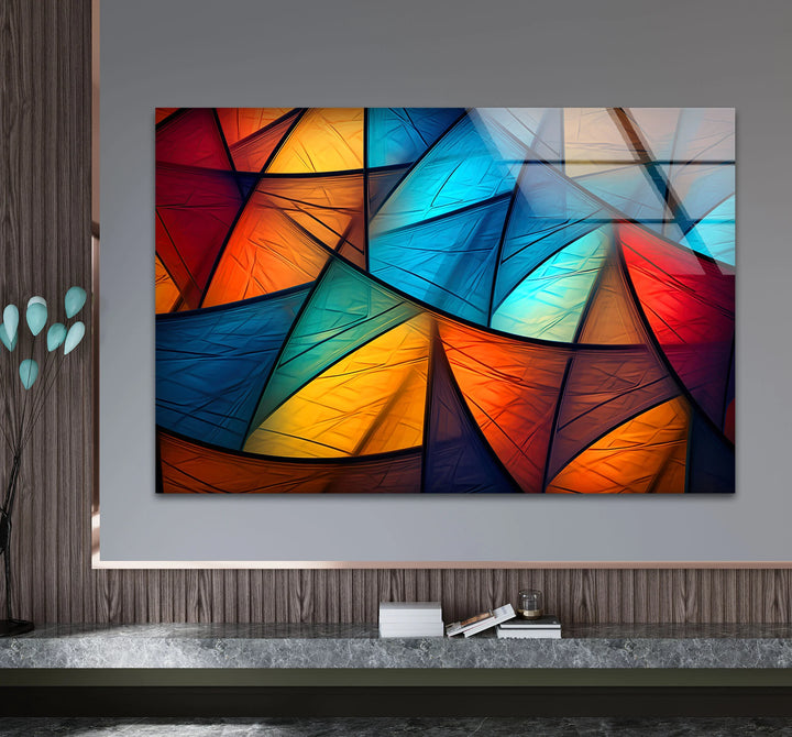 Colorful Abstract Geometric Glass Wall Art – Bold Triangle Pattern Decor - MyPhotoStation