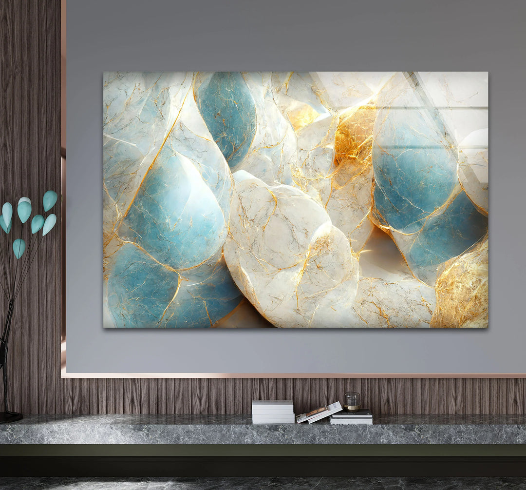 Blue White Marble Wall Art – Elegant Stone Glass Print with Gold Veining for Modern Luxury Interior Decor - MyPhotoStation