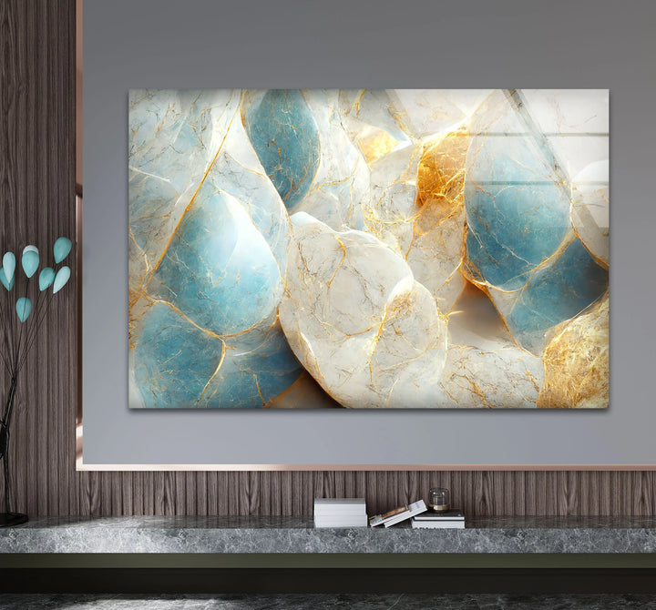 Blue White Marble Wall Art – Elegant Stone Glass Print with Gold Veining for Modern Luxury Interior Decor - MyPhotoStation