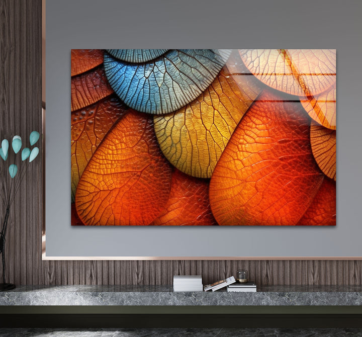 Bunte Blatttextur-Wandkunst – Abstrakter Natur-Glasdruck für moderne Innenräume