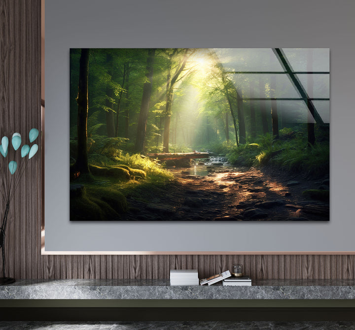 Sunlit Forest Stream Wall Art – Peaceful Nature Path Glass Print for Calming Decor