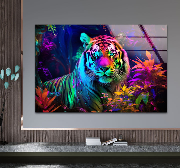 Neon Jungle Tiger Wandkunst – Lebendiger Wildlife-Glasdruck für mutige Innenräume