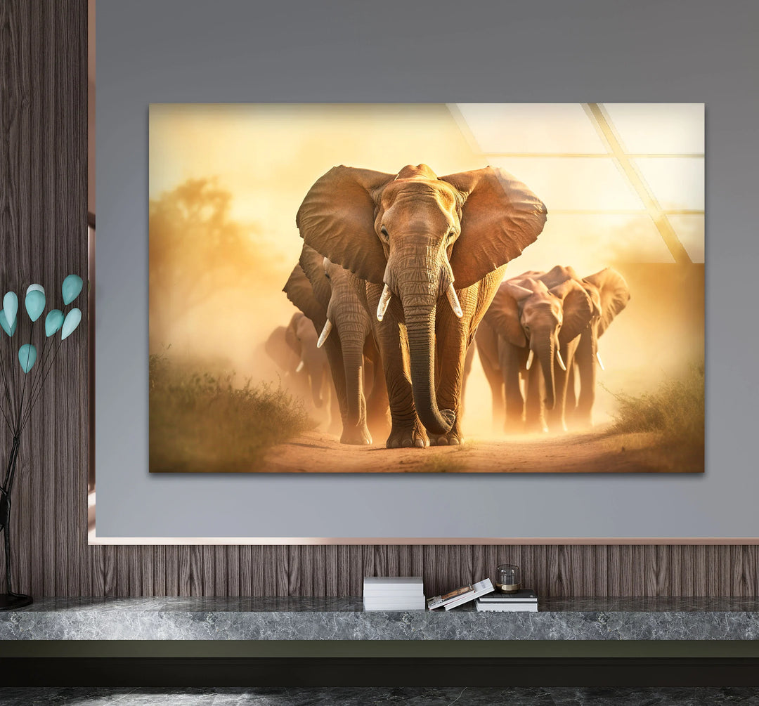 Elephant Herd Safari Wall Art – Majestic Wildlife Glass Print for Bold Natural Decor - MyPhotoStation