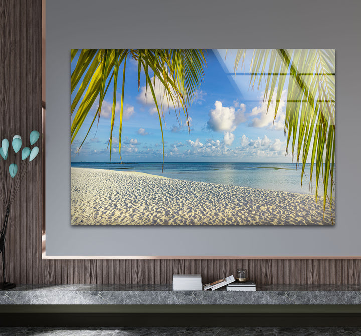 Tropical Palm Beach Wall Art – White Sand and Ocean Glass Print for Coastal Decor