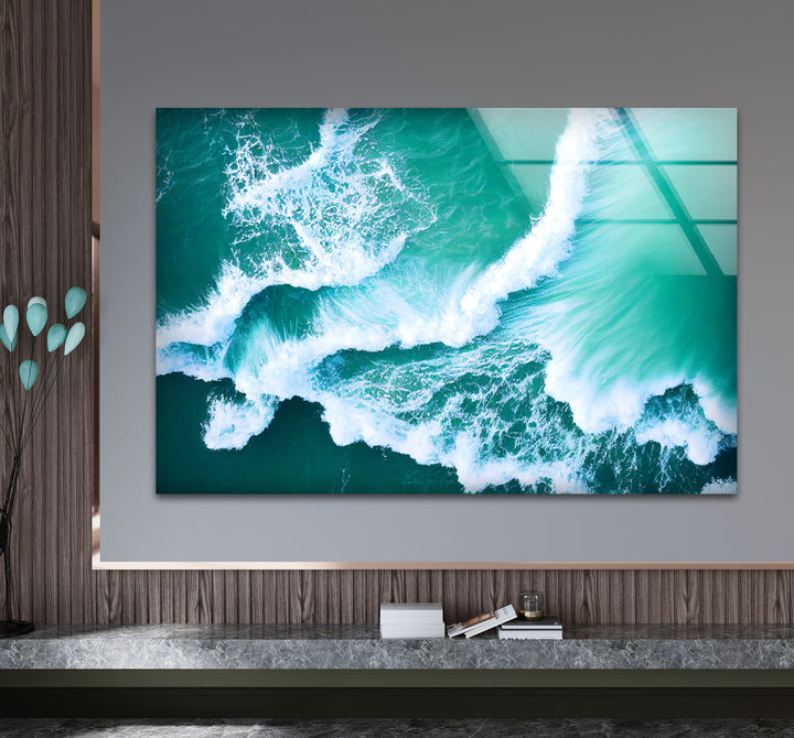 Ocean Wave Aerial Wall Art – Turquoise Sea Glass Print for Modern Decor