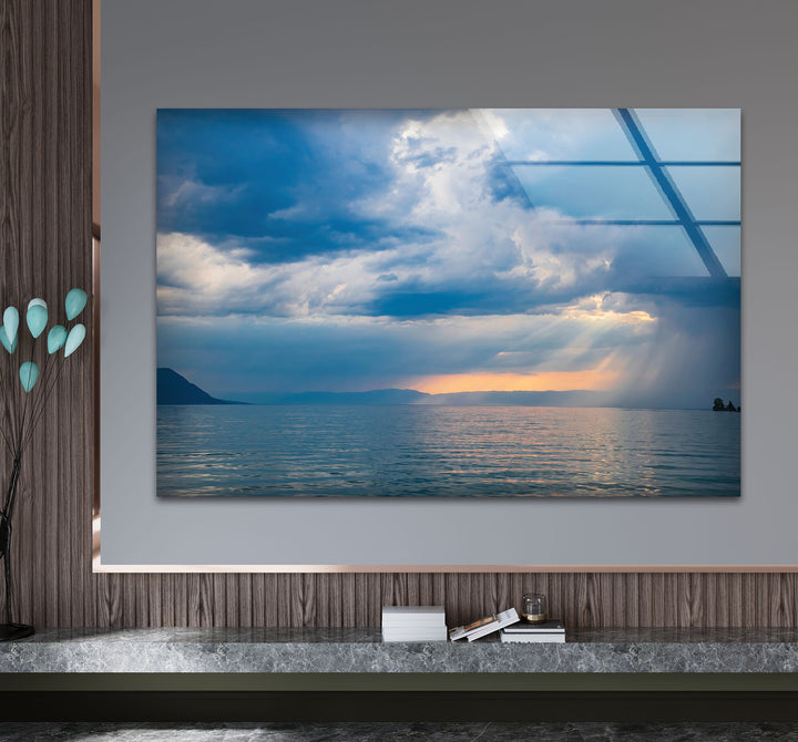 Stormy Ocean Sunset Wall Art – Moody Sea Glass Print with Sunlight Rays