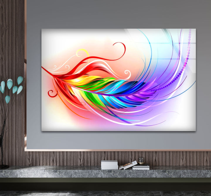 Rainbow Feather Glass Wall Art – Colorful Abstract Design for Modern Interiors
