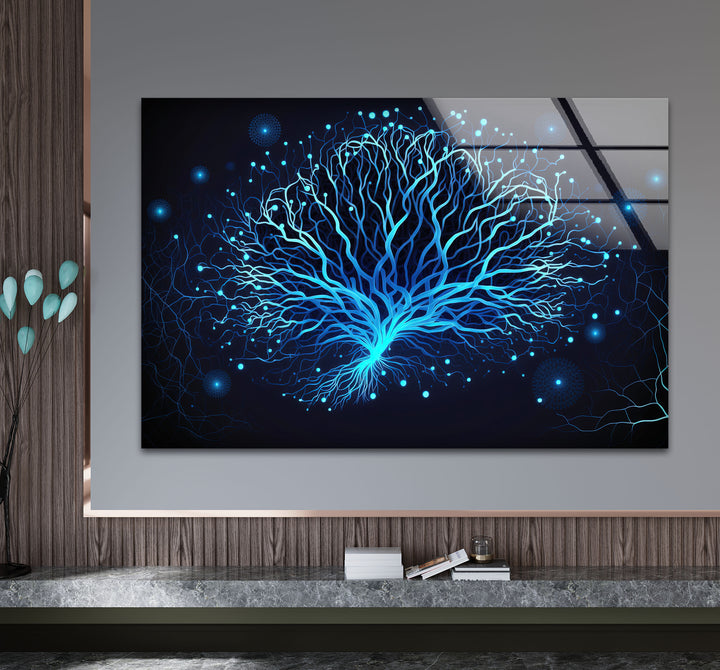 Neural Tree Wandkunst – Futuristischer blauer Nervenmuster-Glasdruck für elegante Innenräume