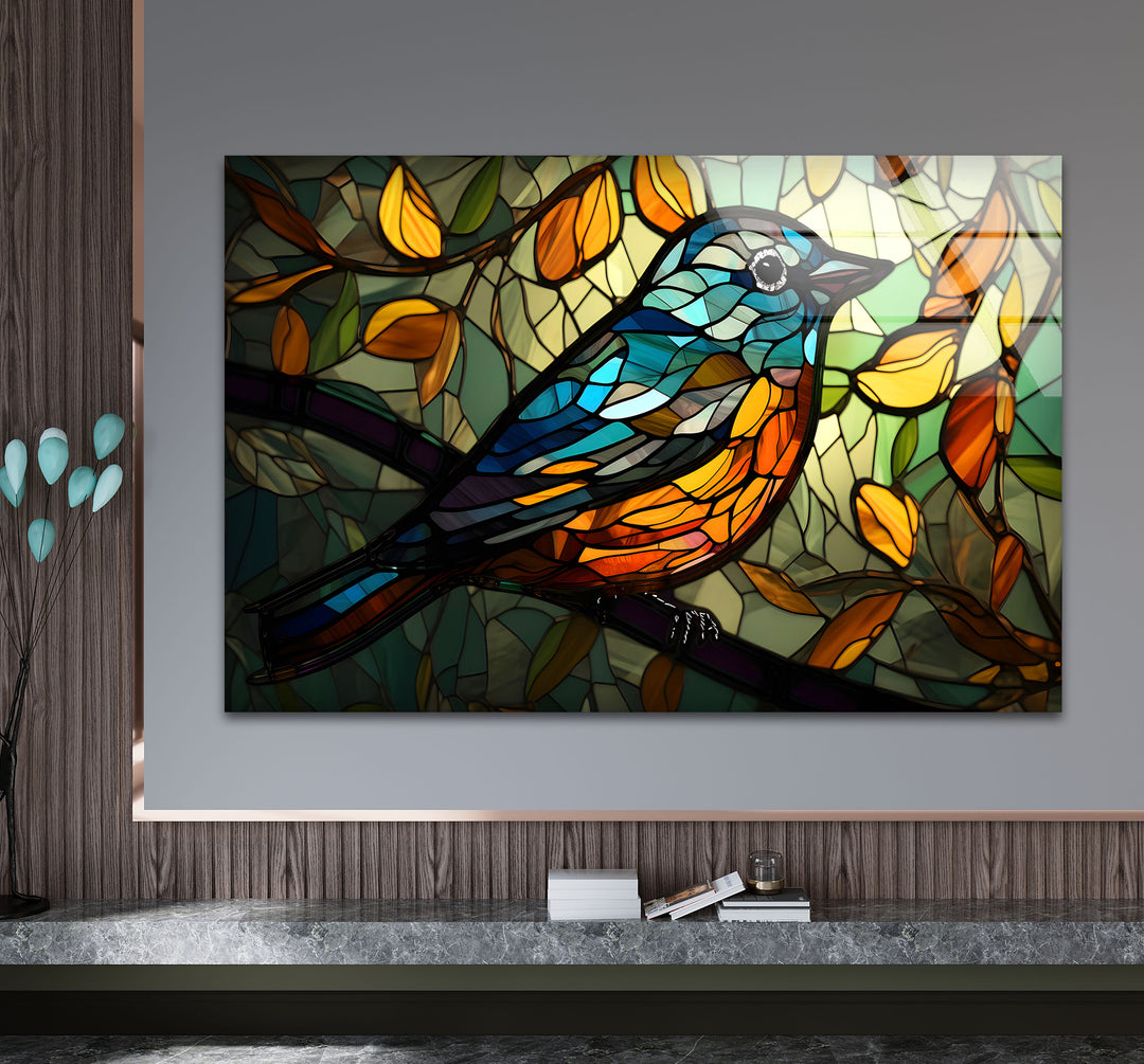 Stained Glass Bird Wall Art – Colorful Songbird on Branch, Nature-Inspired Decor