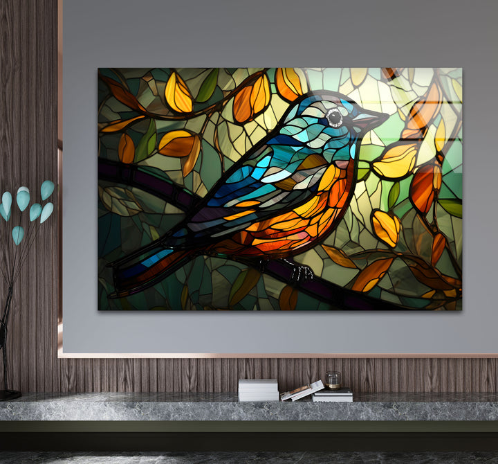 Stained Glass Bird Wall Art – Colorful Songbird on Branch, Nature-Inspired Decor