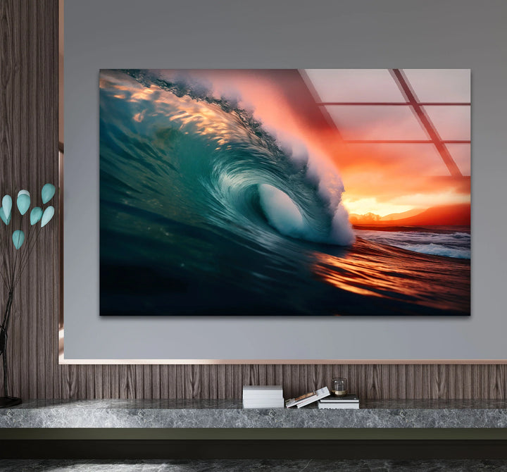 Sunset Barrel Wave Wall Art – Ocean Wave Glass Print for Coastal Home Decor - MyPhotoStation