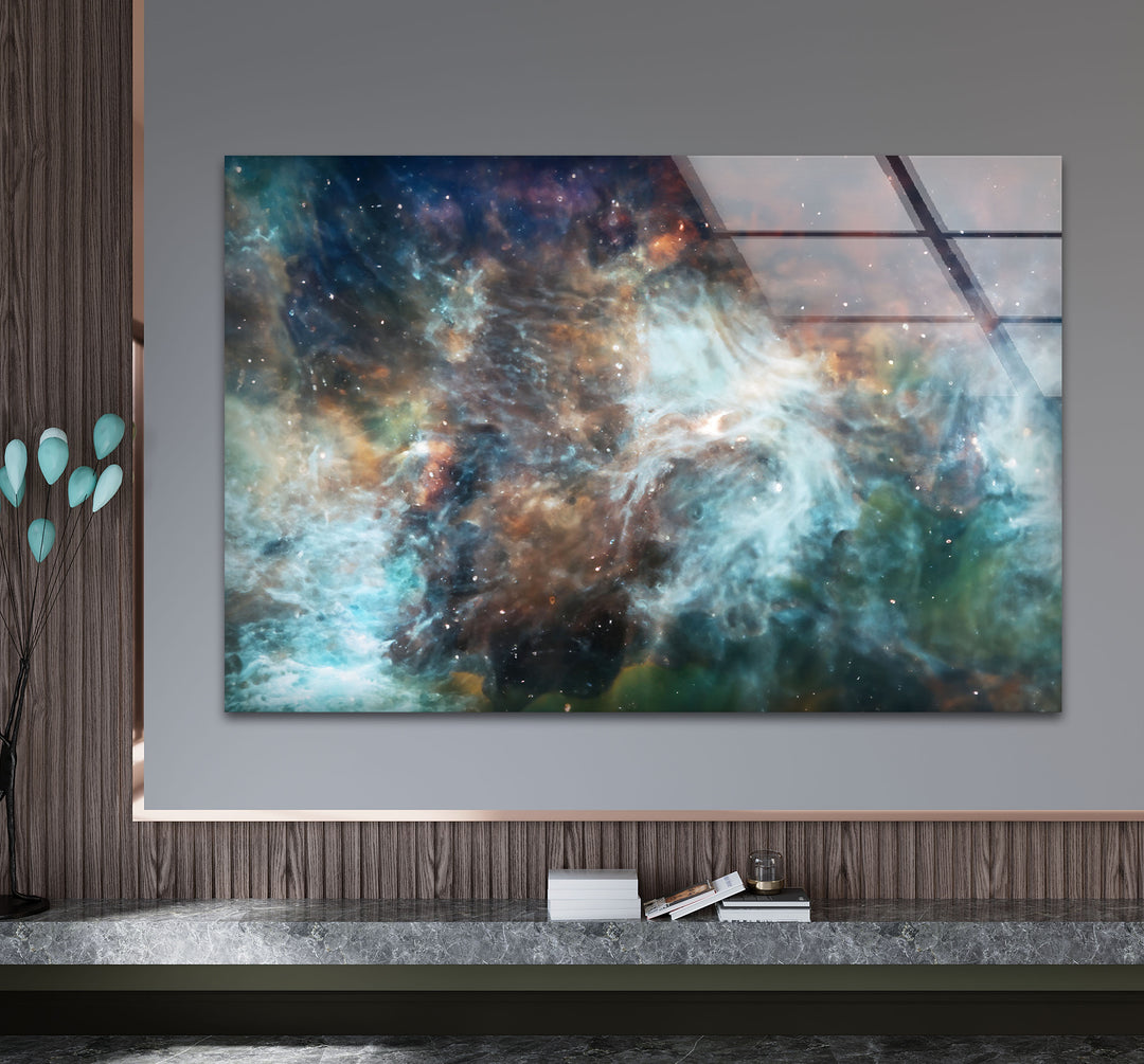 Wandkunst mit kosmischen Nebeln – Ätherischer Glasdruck aus den Tiefen des Weltraums für elegante Innenräume