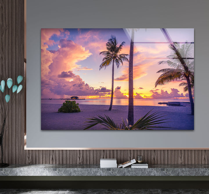 Tropical Sunset Beach Wall Art – Vibrant Palm Tree Ocean Scene Glass Print for Relaxing Home Decor
