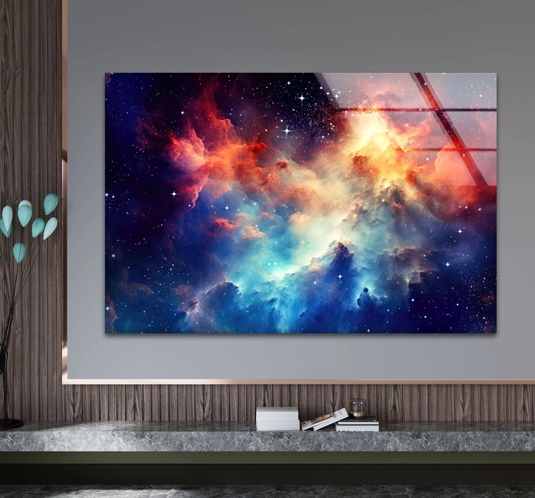 Nebula Galaxy Wall Art – Cosmic Cloud Glass Print with Vibrant Blue & Red Starburst for Futuristic Space-Inspired Decor - MyPhotoStation