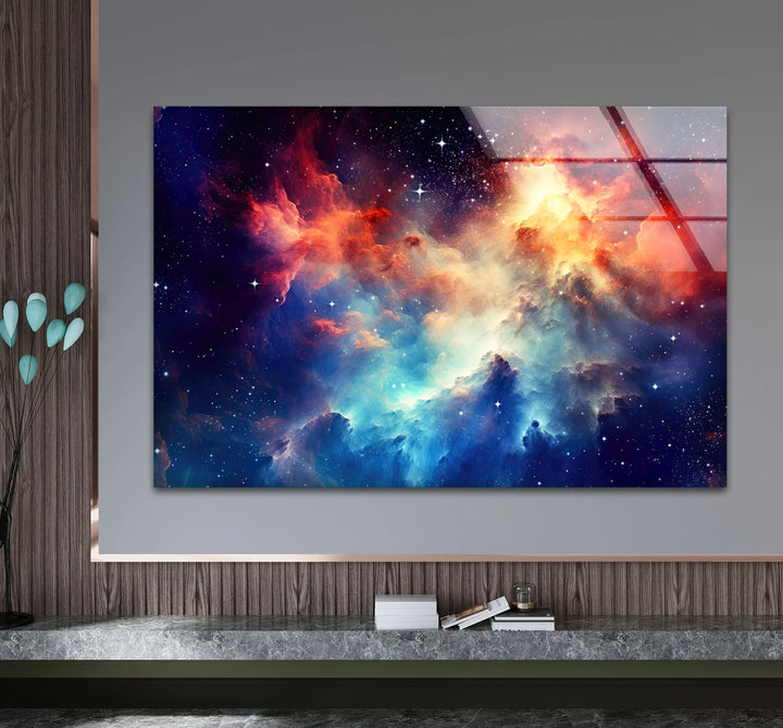 Nebula Galaxy Wall Art – Cosmic Cloud Glass Print with Vibrant Blue & Red Starburst for Futuristic Space-Inspired Decor - MyPhotoStation