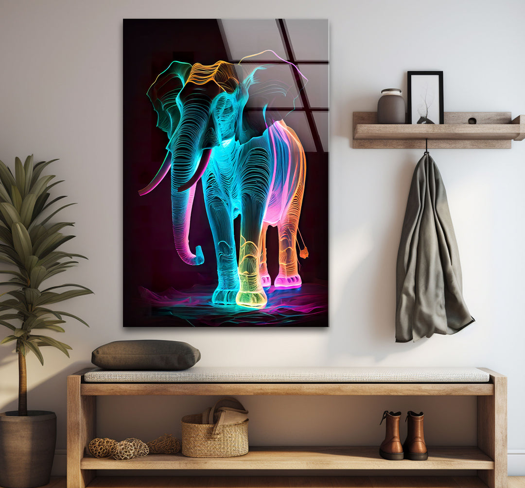 Neon Elephant Wall Art – Vibrant Abstract Animal Glass Print Decor