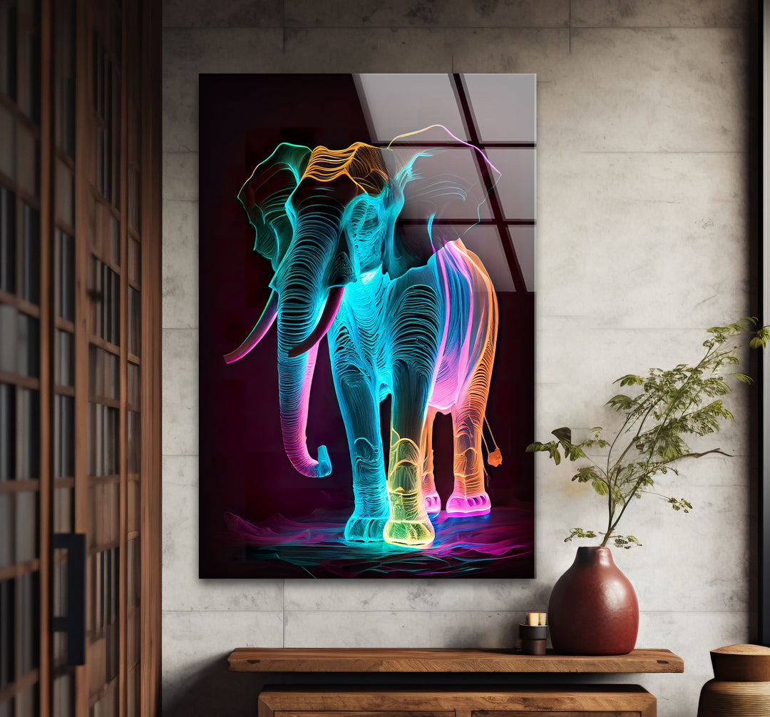 Neon Elephant Wall Art – Vibrant Abstract Animal Glass Print Decor