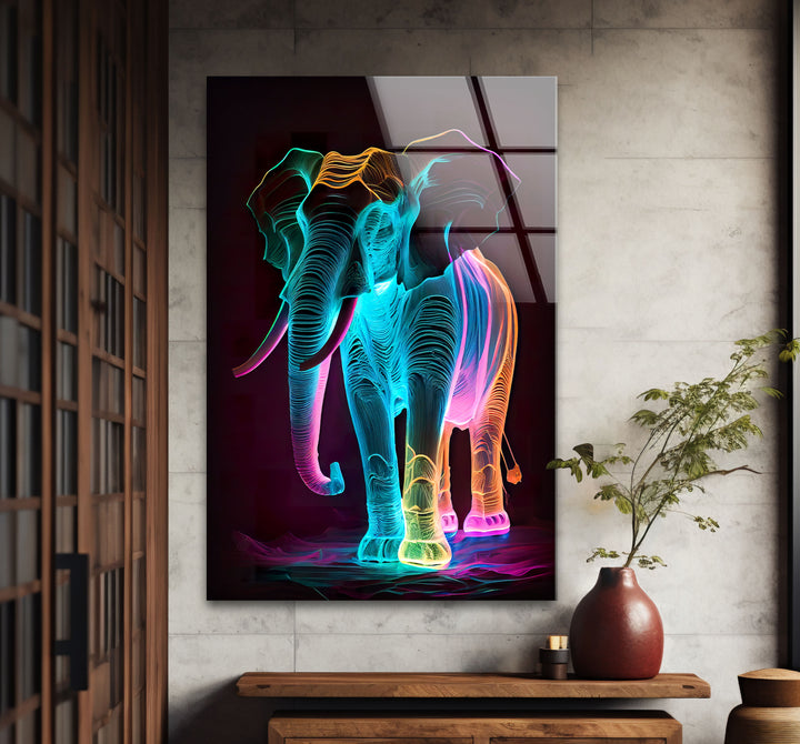 Neon Elephant Wall Art – Vibrant Abstract Animal Glass Print Decor