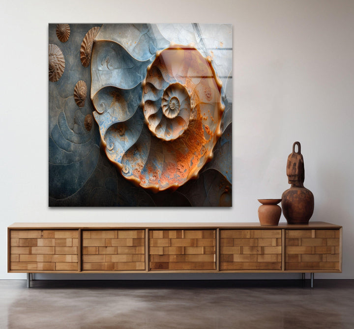 Wanddekoration aus Glas mit Fossilienmuscheln