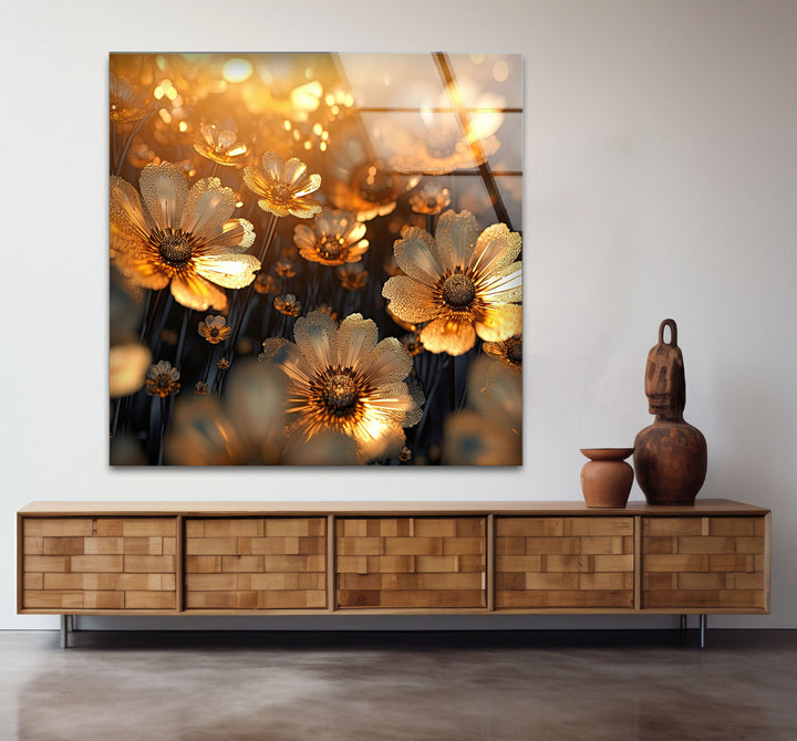 Goldene Gänseblümchenblüten-Wandkunst aus Glas – Strahlende florale Eleganz 