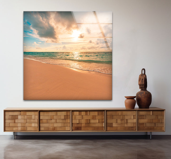 Golden Hour Beach Wall Art – Tranquil Ocean Sunset Print for Serene Spaces