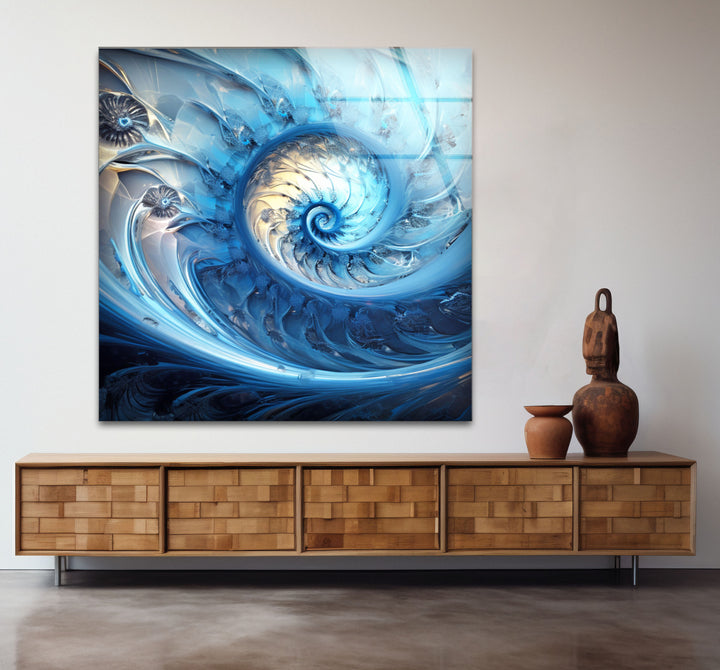 Blue Fractal Spiral Wall Art – Abstract Nautilus Glass Print for Modern Interiors