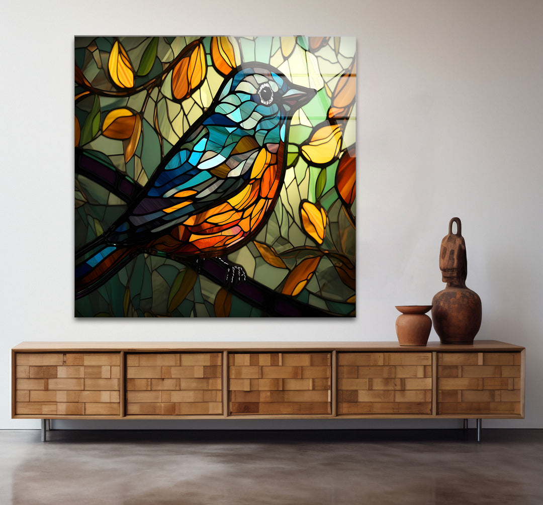 Stained Glass Bird Wall Art – Colorful Songbird on Branch, Nature-Inspired Decor