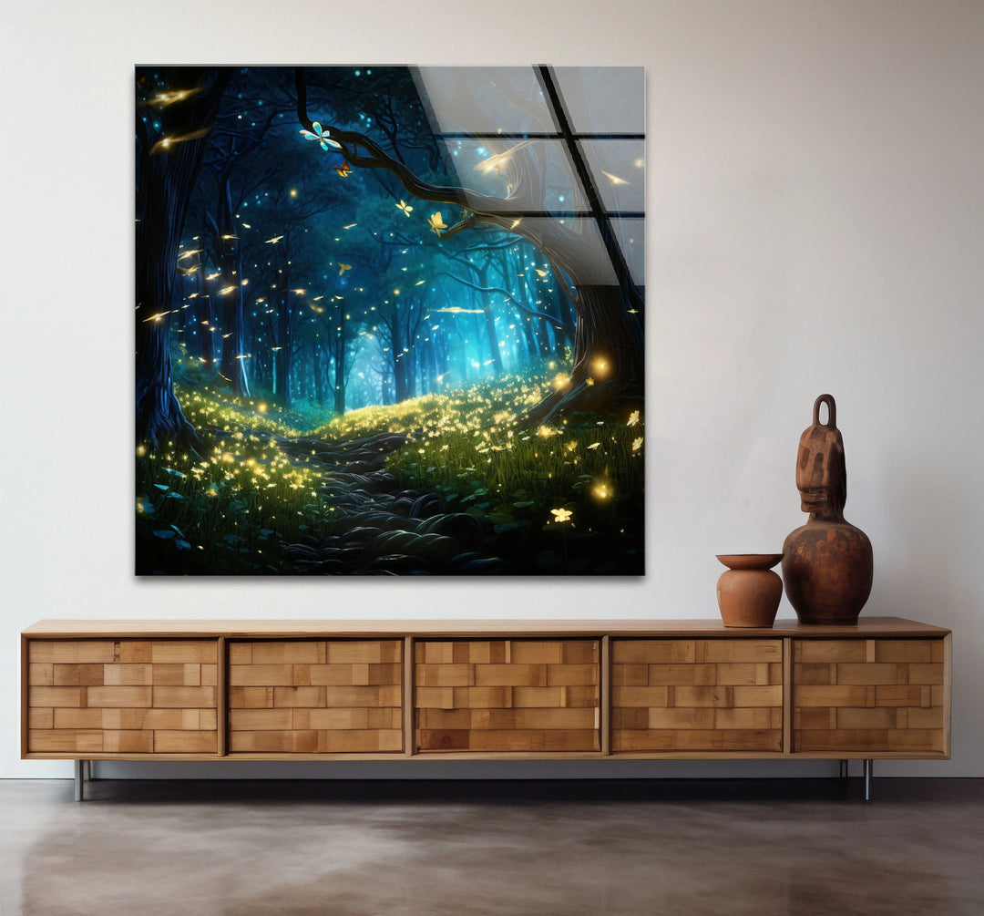 Enchanted Firefly Forest Wall Art – Magical Night Path Glass Print for Fantasy Decor - MyPhotoStation