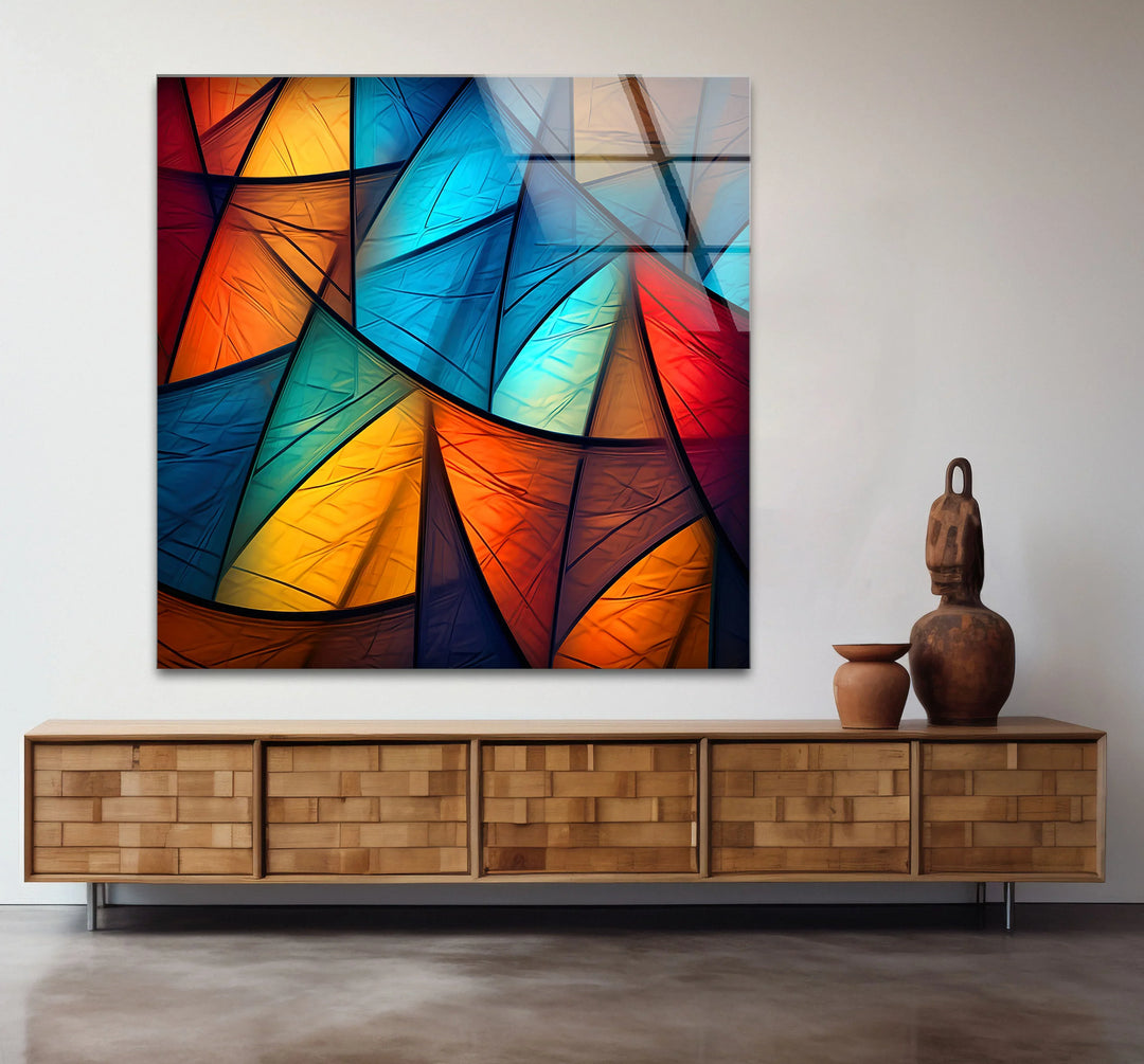 Colorful Abstract Geometric Glass Wall Art – Bold Triangle Pattern Decor - MyPhotoStation