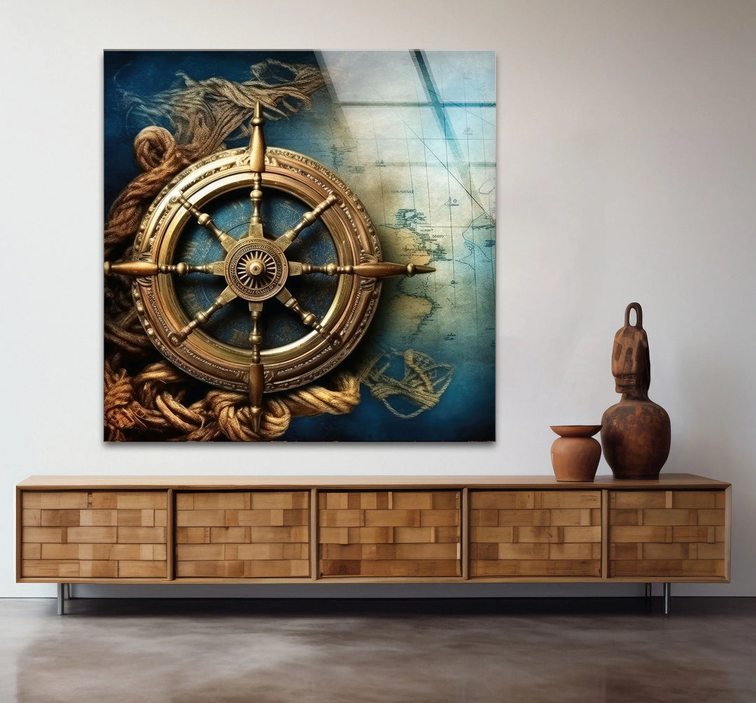 Nautical Compass Wall Art – Vintage Ocean Map Glass Print for Interior Elegance - MyPhotoStation