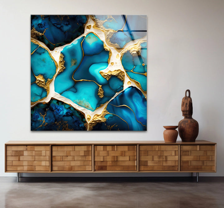Turquoise Gold Abstract Wall Art – Luxurious Glass Print for Modern Interiors - MyPhotoStation
