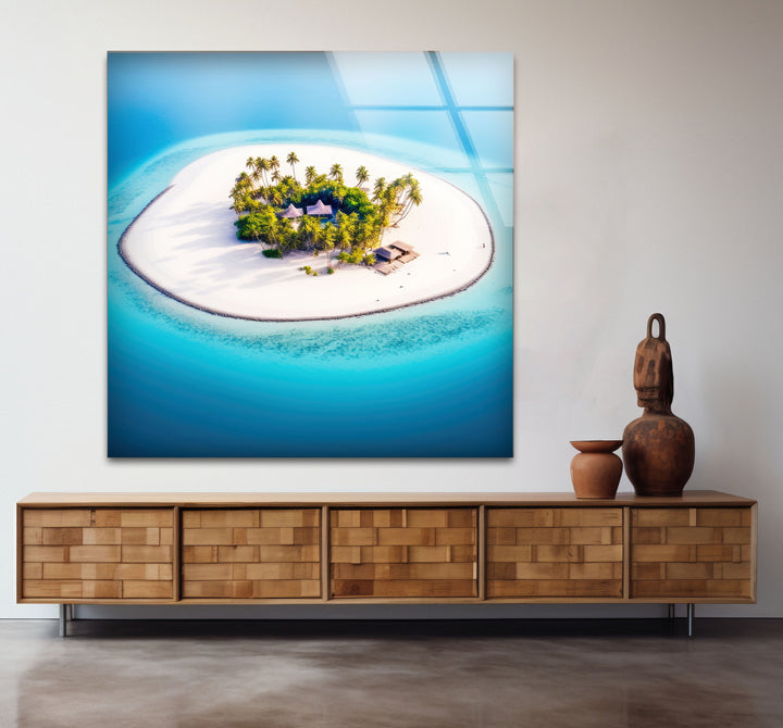 Tropical Island Wall Art – Aerial Beach Paradise Glass Print for Coastal Interiors