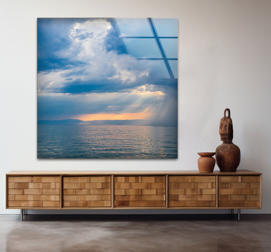 Stormy Ocean Sunset Wall Art – Moody Sea Glass Print with Sunlight Rays
