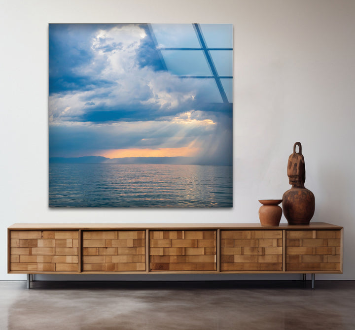 Stormy Ocean Sunset Wall Art – Moody Sea Glass Print with Sunlight Rays