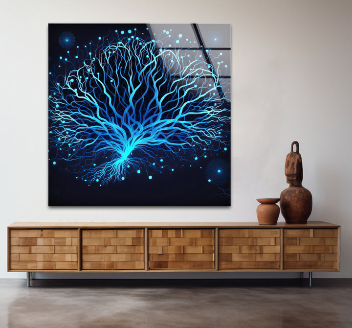 Neural Tree Wandkunst – Futuristischer blauer Nervenmuster-Glasdruck für elegante Innenräume