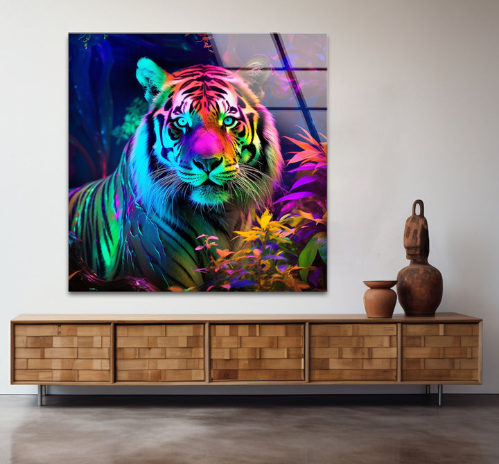 Neon Jungle Tiger Wandkunst – Lebendiger Wildlife-Glasdruck für mutige Innenräume