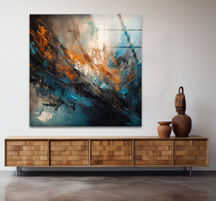 Modern Abstract Brushstroke Glass Wall Art – Teal and Copper Splash Print