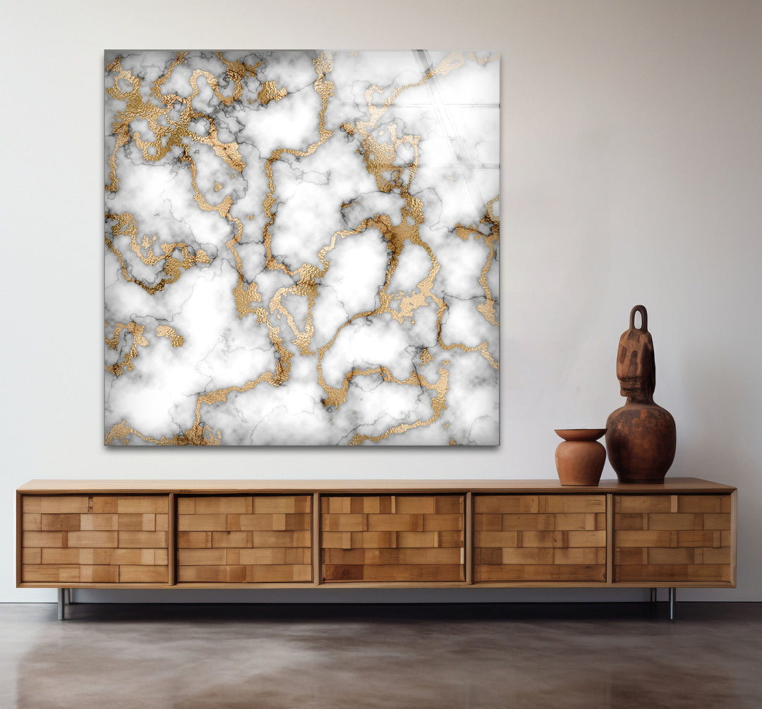 White Marble and Gold Wall Art – Elegant Abstract Glass Print with Luxe Metallic Veining for Glamorous and Modern Interiors