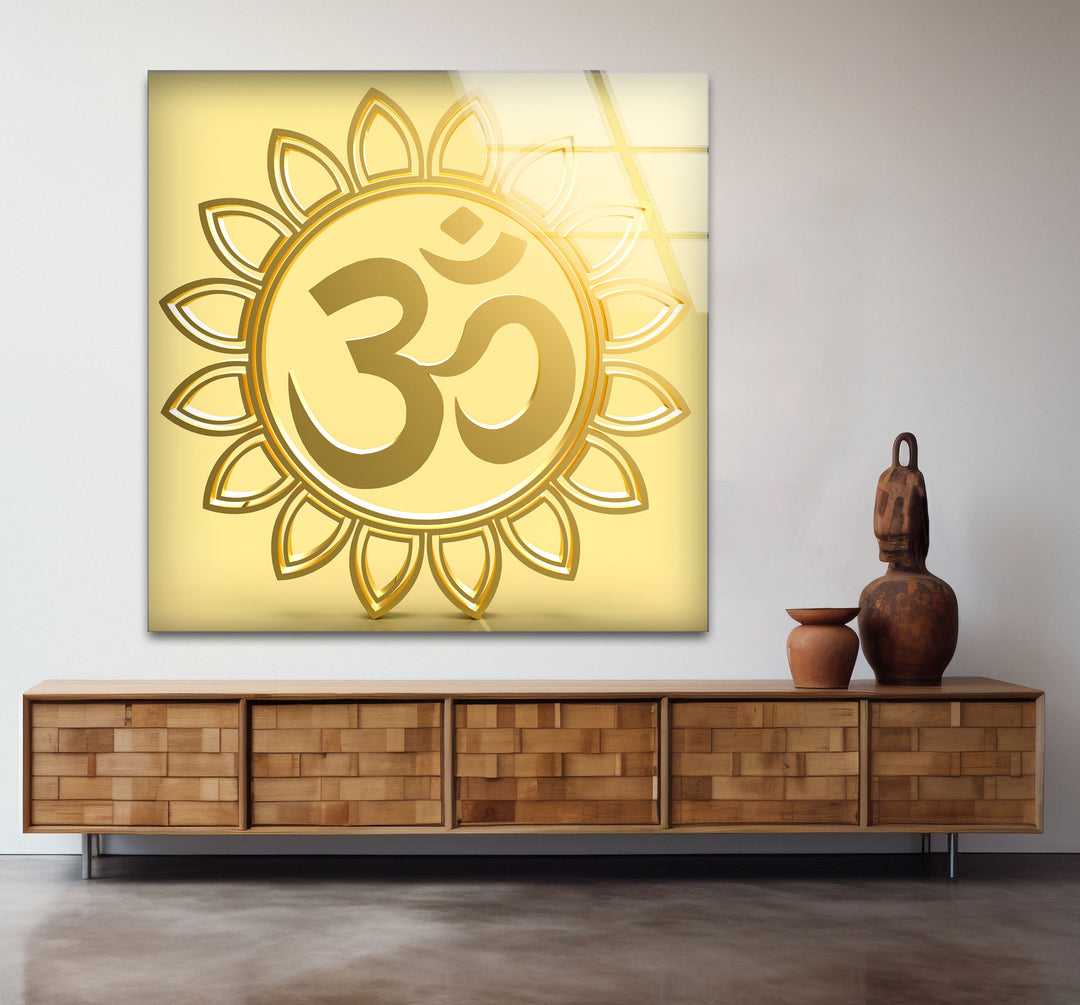 Goldenes Om-Symbol Wandkunst – Spirituelles Hindu-Dekor Glasdruck