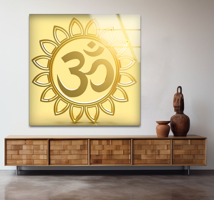 Goldenes Om-Symbol Wandkunst – Spirituelles Hindu-Dekor Glasdruck