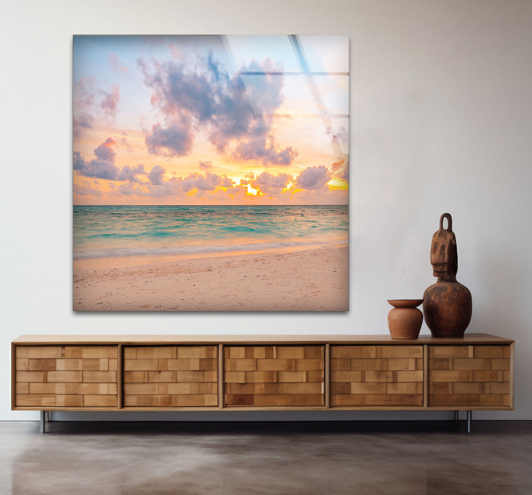 Pastel Beach Sunset Wall Art – Tranquil Ocean Shoreline Glass Print for Calm Spaces