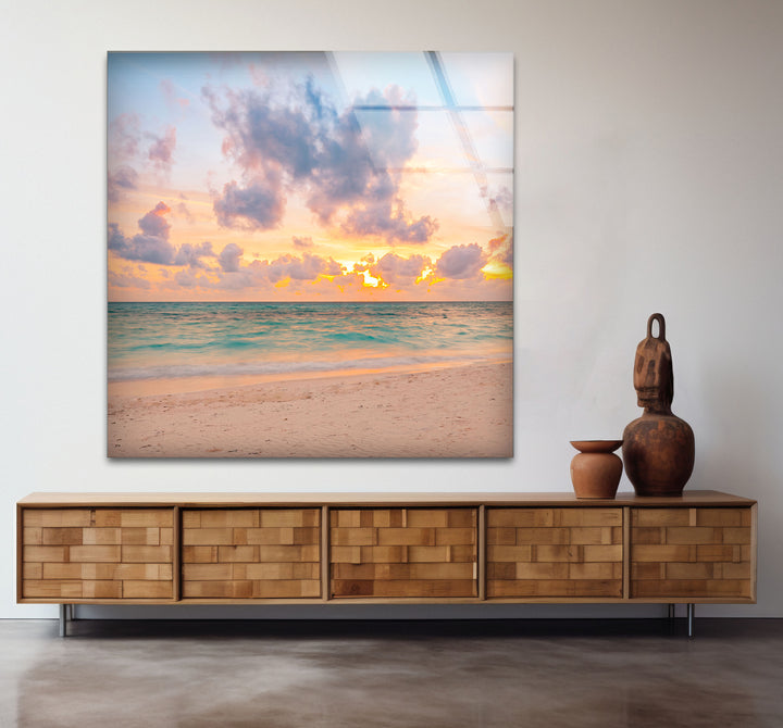 Pastel Beach Sunset Wall Art – Tranquil Ocean Shoreline Glass Print for Calm Spaces