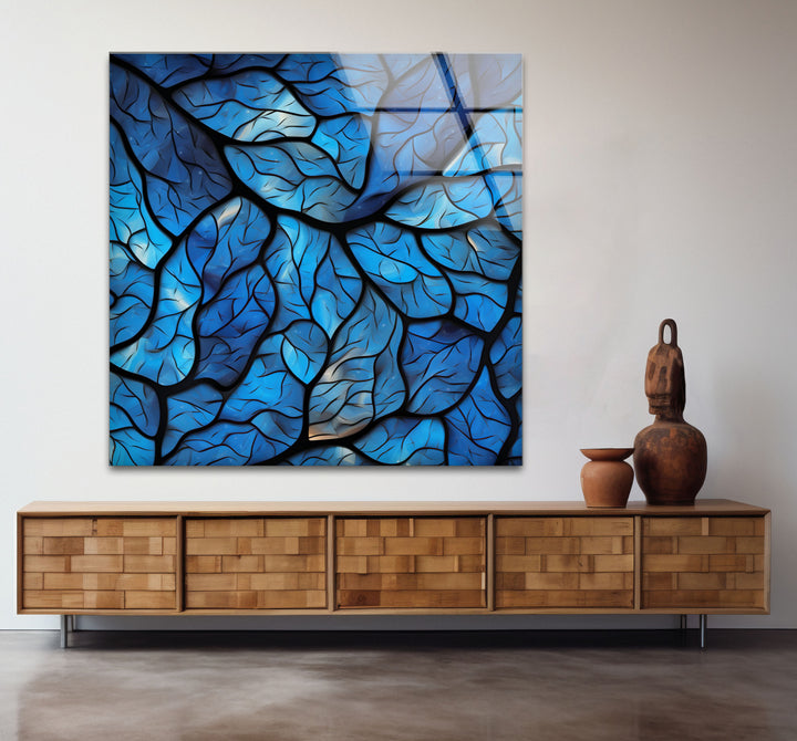 Blaues Blattmosaik-Wandbild – Abstrakter Naturglasdruck für modernes Dekor